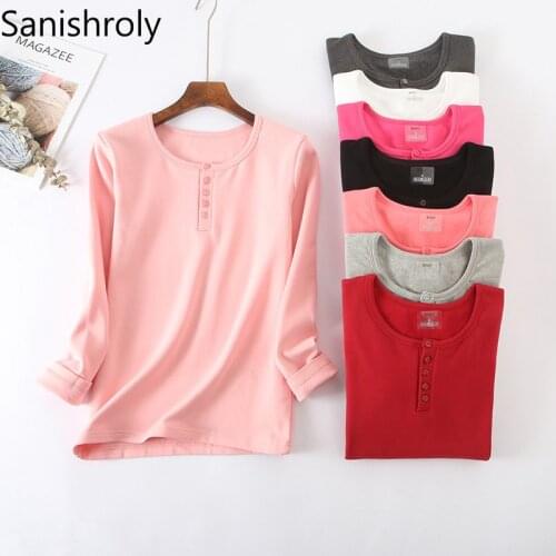 Sanishroly Autumn Winter Women Button T-Shirts Tee Warm Thick Velvet T Shirt Female Long Sleeve T Shirts Tops Plus Size 2XL S286