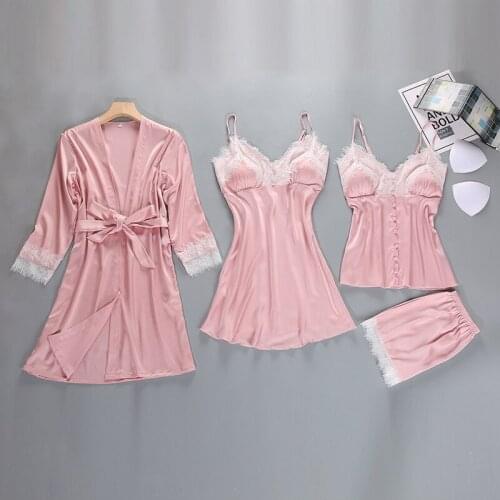 Sexy M-XXL Bath Robe Gown Pajamas Sets Woman 4PC Strap Top Pants Suit Sleepwear Casual Home Wear Nightwear Kimono Bathrobe