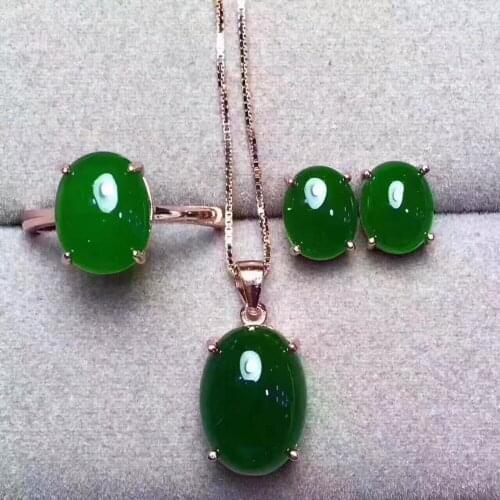 Natural Hetian Biyu Pendant Earrings Three-piece Set 925 Silver Inlay Hole Design To send silver chain earplugs