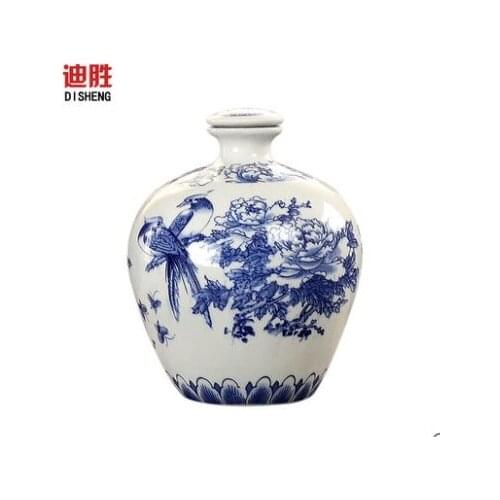 Blue and white seal pot peony Store it ceramic bottle White wine with five catties medicine wine brewed wine jar