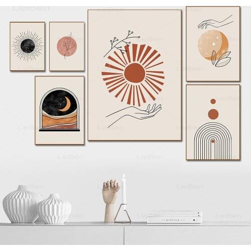 Modern Boho Wall Art Poster Abstract Sun Moon Canvas Painting Mid-Century Beige Orange Print Picture Home Decor Bedroom Mural