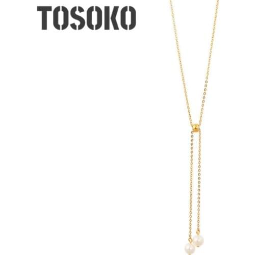 TOSOKO Stainless Steel Jewelry Tassel Pearl Necklace Pull Adjustable Pendant Clavicle Chain Women Fashion Jewelry Gift BSP702
