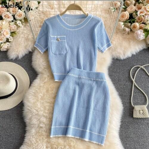 Knit Two Piece Set Skirt Women O-Neck Crop Top Korean Short Skirt Sets Komplet Damski Lato Sexy Club Outfits Elegant Suit 2pc