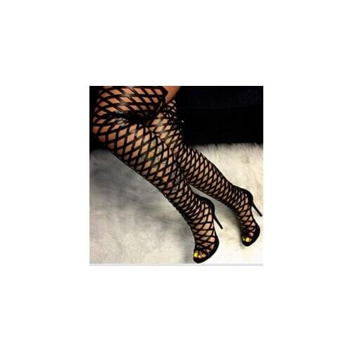 High Quality Cut-out Over The Knee Sandals Boots For Women Peep Toe Lace-up High Heel Gladiator Sandals Boots Free Ship