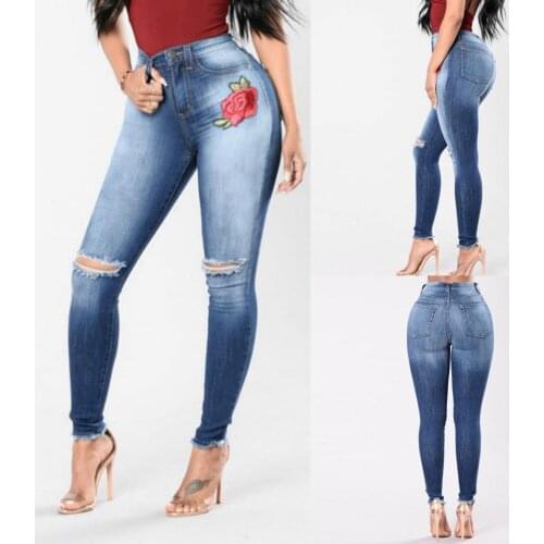 High Quality Fashion Women Hole High Embroidere Waist Elastic Jeans Slim Fit Washed Denim Cowboy Pencil Pants Trousers