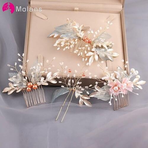 MOLANS Pearl Hairpin For Women Hair Combs Headdress Prom Bridal Wedding Crown Elegant Hair Accessories Gold Leaves Headwear 1PC