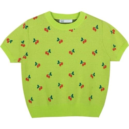 Women 2021 Fashion Casual Short Sleeve Knitted T-shirt Vintage Cherry Pattern Loose Crew Neck Pullover Tops