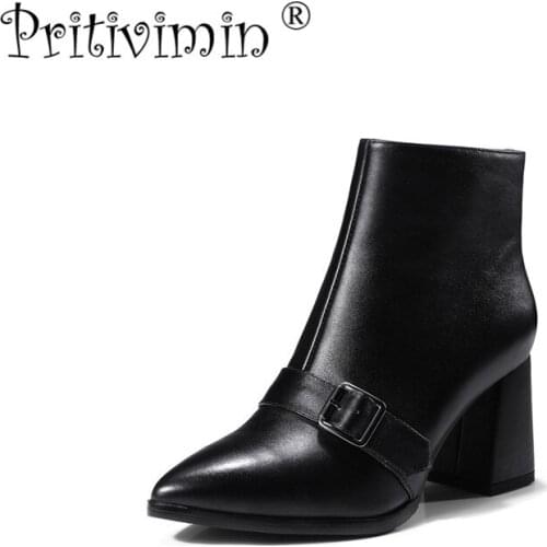 2018 New autumn winter brand ladies high quality shoes woman black genuine leather thick low heel ankle boots Pritivimin FN130