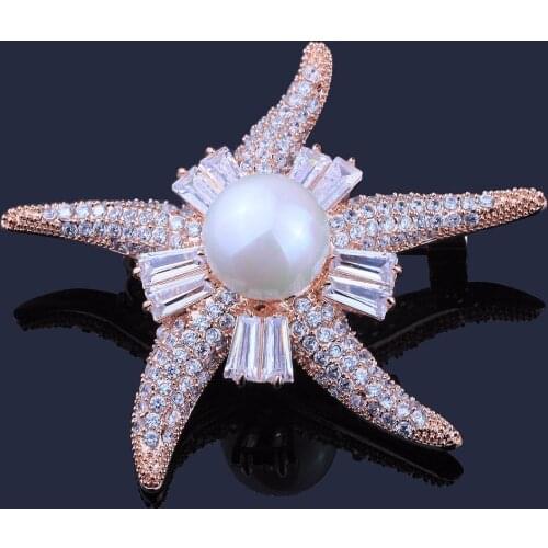 FARLENA Jewelry starfish Brooch Pins Inlay with Cubic Zirconia Fashion Simulated Pearl Brooches for Women