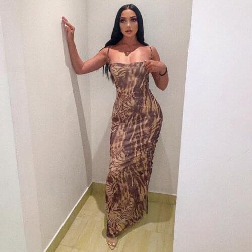 2021 New Womens Summer Sexy Bodycon Slim Maxi Dress Spaghetti Strap Sleeveless Animal Printed Split Dress