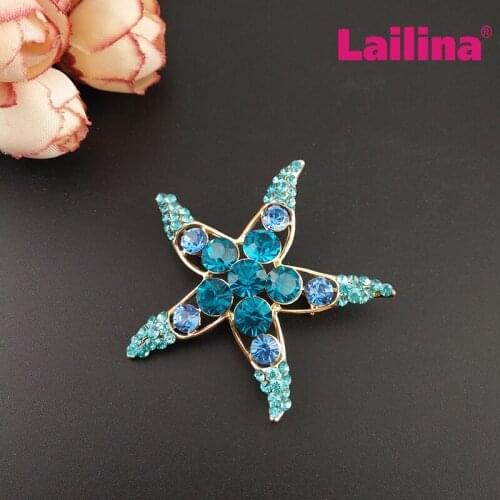 50pcs/lot Lovely Blue And Green Crystal Starfish Brooch Pins For Women Ladies Optional Factory Direct Wholesale Supply