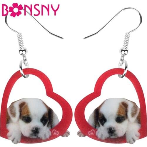 Bonsny Acrylic Valentines Day Love Bulldog Dog Earrings Drop Dangle Jewelry For Women Girls Teens Party Charm Decorations Gift