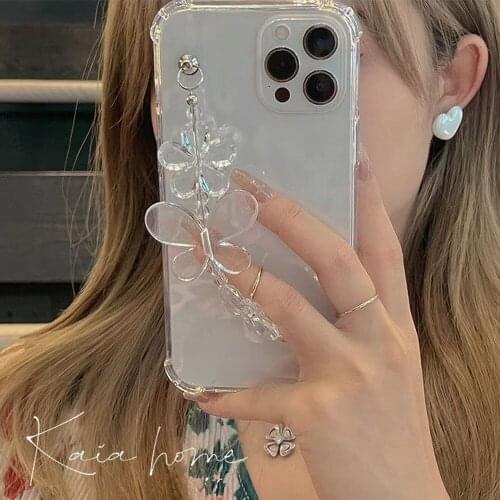 Korea 3D Butterfly Chain Bracelet Flower Phone Case for iPhone 12 MiNi 11 Pro Max X XR XS 6 S 8 7 plus Transparent Soft Cover