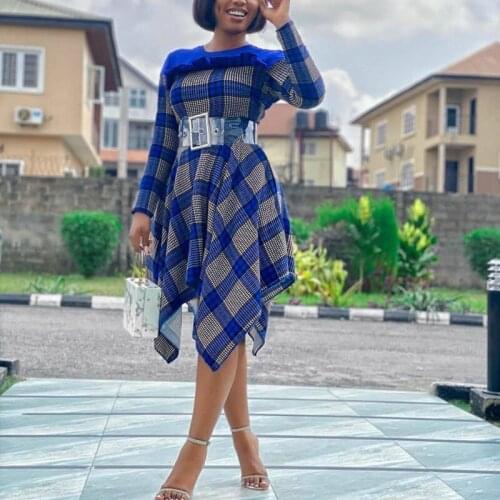 Night Party Plaid Print Elegant Women Dress Blue Long Sleeve Midi Irregular Bodycon Dress Ladies Modest WorkWear African Clothes