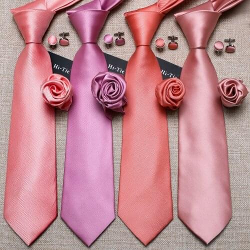 Hi-Tie 8.5cm Classic Pink Solid Coral 100% Silk Mens Tie Gift For Wedding Neck Ties For Men Formal Business Luxury Gravatas