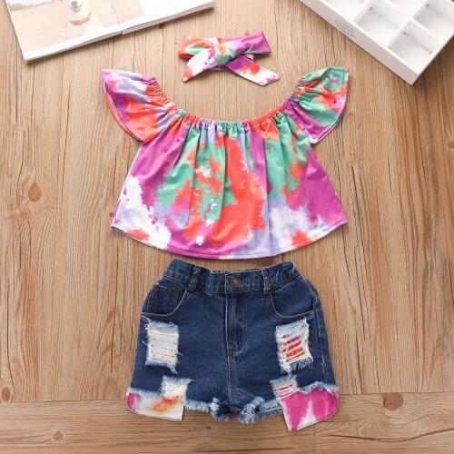Toddler Kids Girls Fashion 3pcs Outfit Clothes Set Tie-dye Tops+Ripped Denim Shorts+Headband Set Summer Children Clothings
