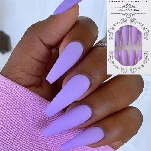 Matte Solid Color False Nails Long Coffin Bright Fake Nail 2021 Luxury Design Full Cover Overhead Ballerina Flat Nail Tips 24PCS