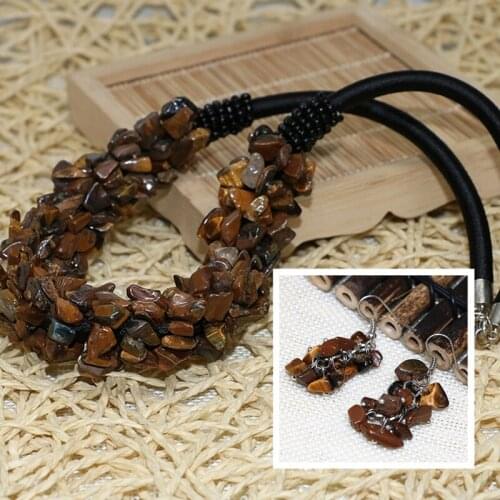 Fashion natural tiger stone 9-11mm irregular gravel chip beads leather chain necklace earings jewelry 18inch B519