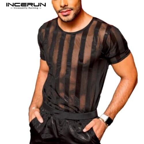 2021 Men T Shirt Striped Streetwear Mesh See Through Crew Neck Short Sleeve Tee Tops Sexy Party Nightclub Men Clothing INCERUN