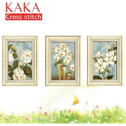 KAKA Cross stitch kits,5D Triplets white Flowers,Embroidery needlework sets with printed pattern,11CT canvas,Home Decor Painting