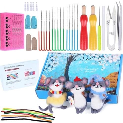 Nonvor Colorful Felt DIY Package Craft Needles Tool Set Roving Wool Needle Felting Scissors Wooden Handle Doll Making Beginners