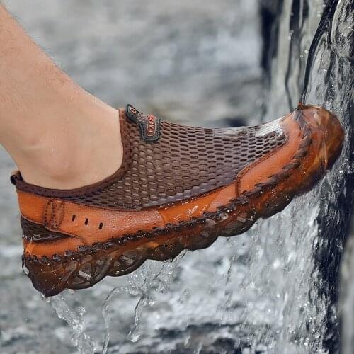 New Summer Wading Shoes Mens Beach Outdoor Non-Slip Wear-Resistant Water Shoes Rubber Flat Fishing Cow Leather Sports Hiking