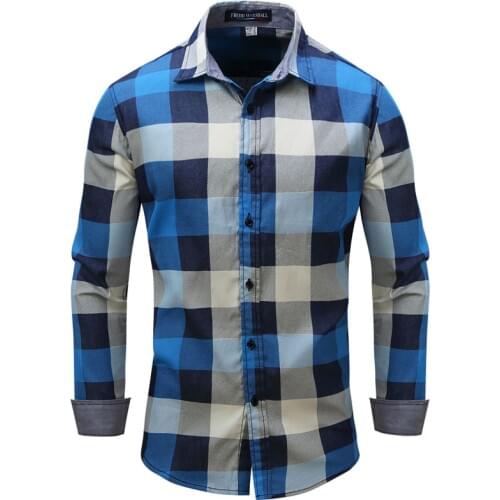 2019 Men Shirt Cotton Plaid Long Sleeve Shirt Men Casual Slim Blue Mens Clothing camisa masculina Europe Size Drop Shipping