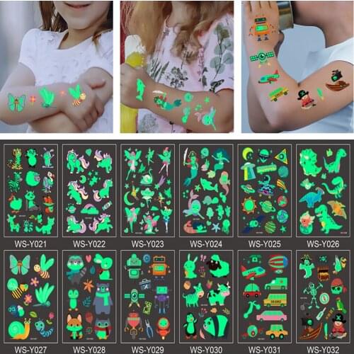 Luminous Tattoo Sticker Children Arm Face Glowing Tattoo Children Body Art Tattoo Dinosaur Pirate Unicorn Mermaid Tattoo Cartoon