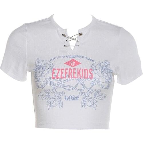 Hirigin Summer Womens Rib Knit Crop Tops Safety Pin Notched Neck Short Sleeve Rose Print Navel Short T-Shirts