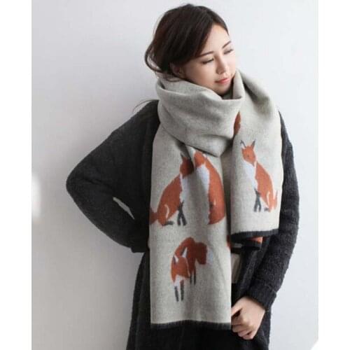 All-match Women Winter Warm Cashmere Scarf Fox Printed Thicken Shawl Fashion Scarf Wrap Lady Long Shawl Blanket Warm Tippet