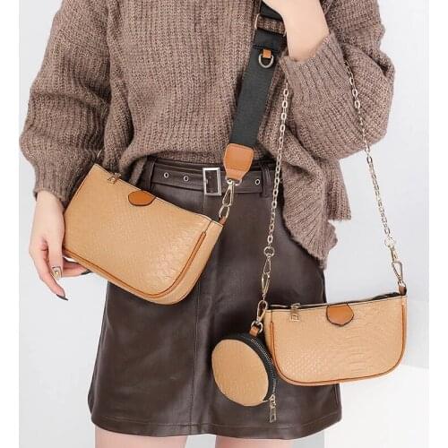 2021 PU Leather Small Ladies Hand Bags with Coin Purse Chain Design 3 In 1 Retro Set Bags Women Handbags