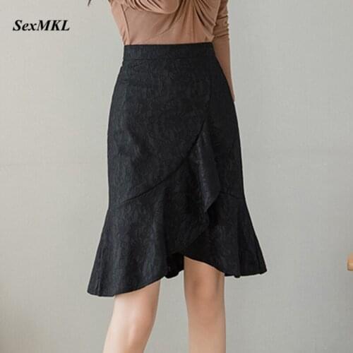 Women Lace Black Skirts 2021 Elegant Fashion High Waist Bodycon Mujer Faldas Korean Clothes Sexy Ruffles Office Pencil Skirt