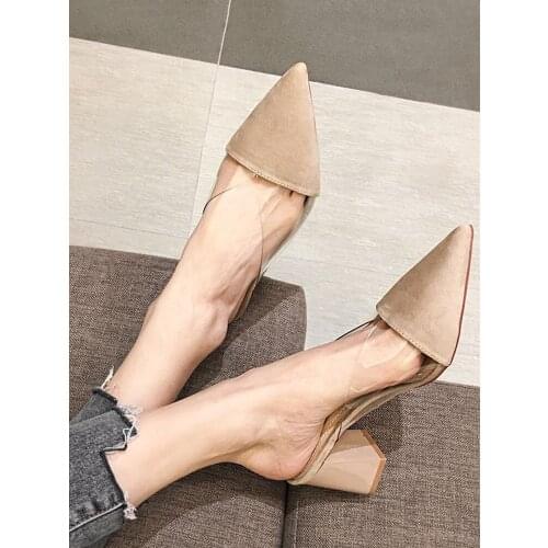 2019 new nude color pointed high quality suede high heels hollow Baotou Muller shoes slippers women