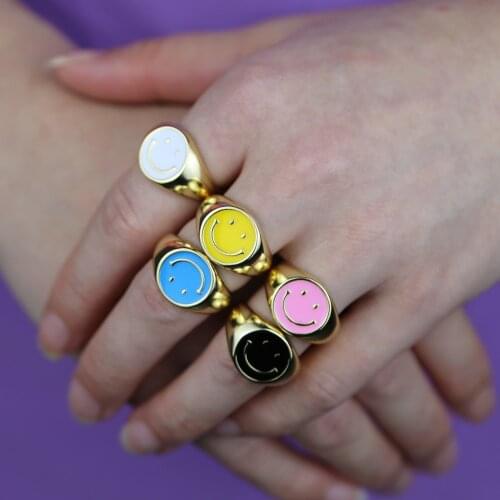 Smile Smiley Dome Finger Ring For Women Girl 2021 Summer Colorful Enamel Fashion Jewelry