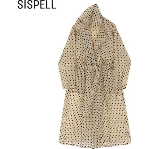 SISPELL Print Dot Hit Color Coat For Female Lapel Collar Lace Up Bowknot Belt Loose Womens Casual Coat Fashion 2021