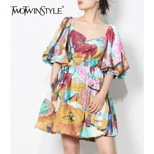 TWOTWINSTYLE Hit Color Vintage Dress For Women Square Collar Puff Sleeve High Waist Print Dresses Female Fashion New Clothing