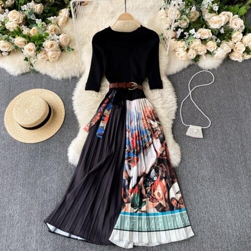 2021 New Fashion Womens Round Collar Short-sleeved High Waist Crashing Pleated Print A-line Dress Elegant Clothes Vestidos R737