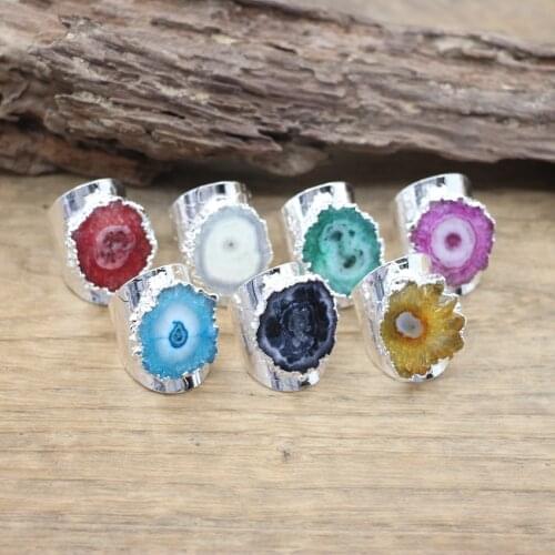 Natural Geode Druzy Drusy Silvery Ring Solar Quartz Healing Crystal Adjustable Ring Women Fashion Jewelry Dropshipping,QC4039