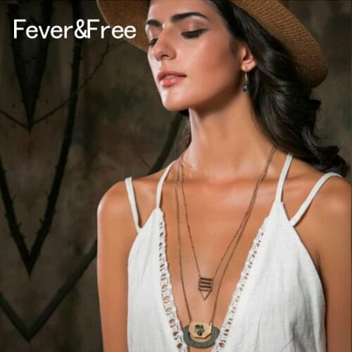 Fever&Free Vintage Multi Layer Collar Pendants Necklaces For Women Geometric Natural Wood Beads Choker Necklaces Antique Jewelry