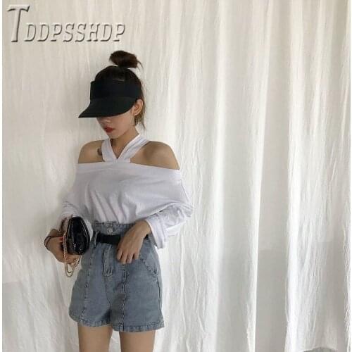2020 Halter Sexy Expose Shoulder Women T Shirt Solid Color Long Sleeve Female Tee Shirts