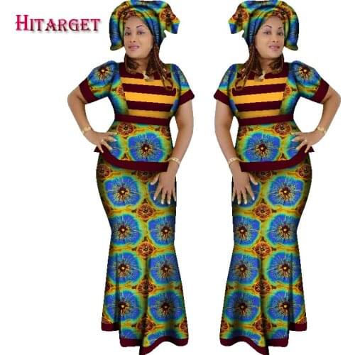 2020 Hitarget African Women 2 Piece Set Dashiki Cotton Print Wax Crop Top and Skirt Set+Head Scarf african kanga clothing WY1210