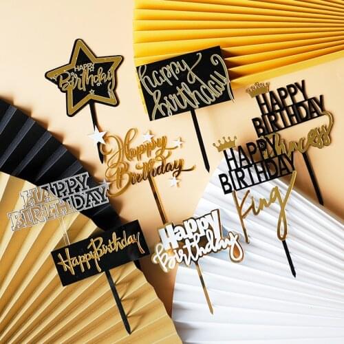 Acrylic Birthday Party Cake Topper Black Gold For Girls Princess Birthday Happy Star Celebrate Dessert Baking Cakes Decoration