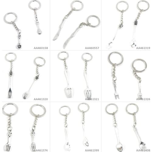 Antique Silver Tone Keychain Keyring Keytag Tablespoon Spoon Dinner Fork Crown Fruit Knife Key Chain Ring Tag Door Car Charms