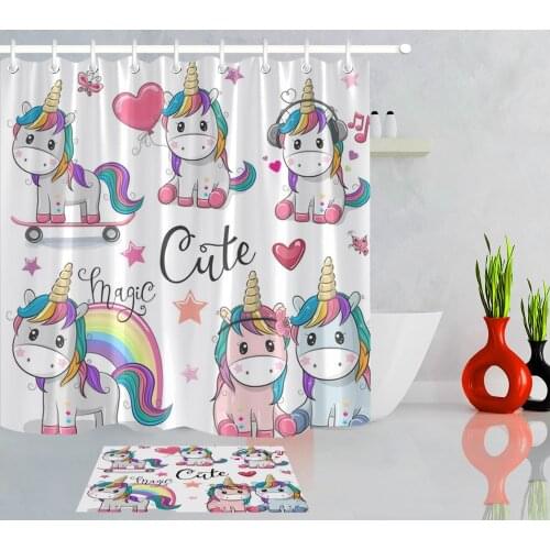 LB Cute Unicorn with Butterfly Heart & Star White Shower Curtains for Girls Bathroom Waterproof Polyester Fabric Bathtub Decor