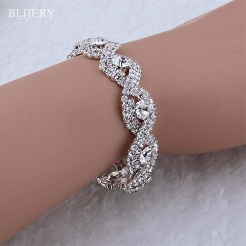 BLIJERY Fashion Crystal Bracelets & Bangles for Women Silver Color Rhinestone Infinity Bracelets Bridal Prom Wedding Jewelry
