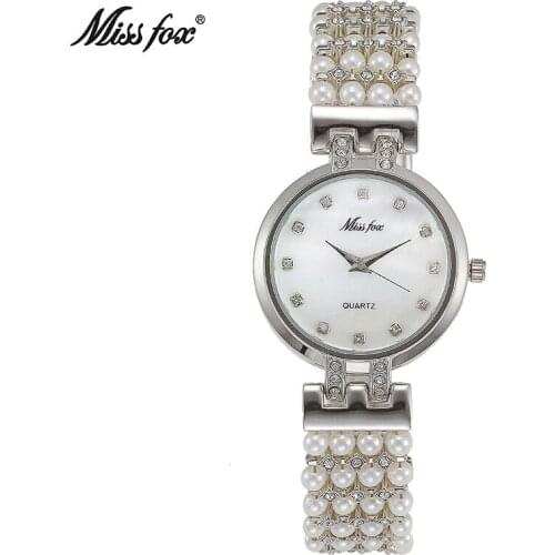 Miss Fox Top Brand Quartz Watch Ladies Date Casual Watch Silver Gold Luxury Rhinestone Pearl Clock Zegarek Damski Relogio