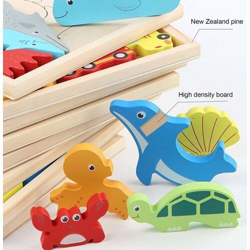 Wooden Cartoon Animal 3D Jigsaw Puzzle Montessori Cognitive Matching Stacking Balance Game Educational Toys Gift for Children