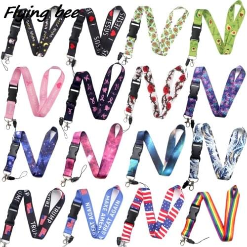 Flyingbee Cat Starry Sky Gay Rainbow Rose Painting Art Key Chain Buckle Lanyard Neck Strap For Phone Keys ID Card Lanyards X1138