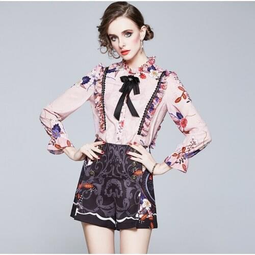Menahem Sweet Cute Pink Print Shirt Blouse+Shorts Two Piece Sets 2021 Summer Long Sleeve Ruffles Diamond Bow Top Elegant Outfits