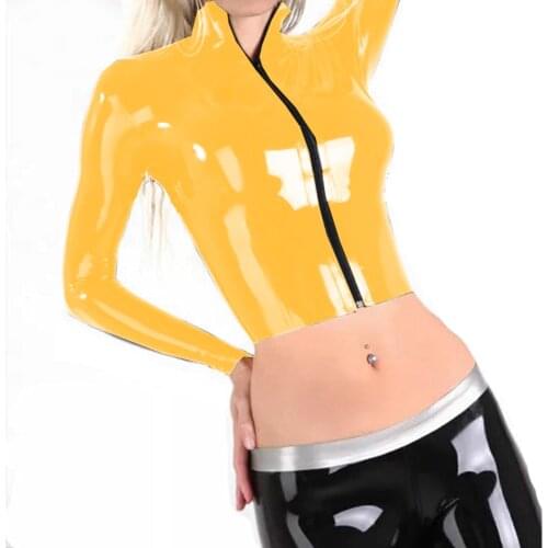 Long Sleeve Women Crop Top O-neck PVC Exotic Tanks Sexy Lady Shirts Women Fashion Tops Plus Size Clubwear Party Costume